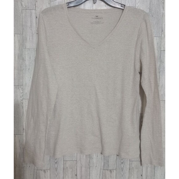 Talbots Top‎ Metallic Stripe Long Sleeve V-Neck Cream Size Large - Picture 2 of 6